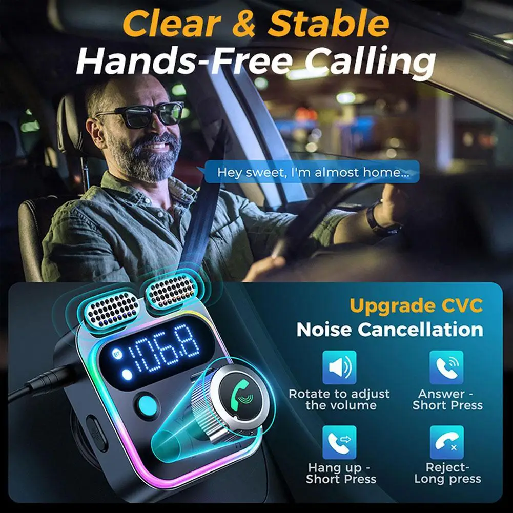 Car Bluetooth FM Transmitter Bluetooth 5.3 for Car Stronger Dual Mics Deep Bass Sound 48W PD&QC3.0 Car Charger Adapter