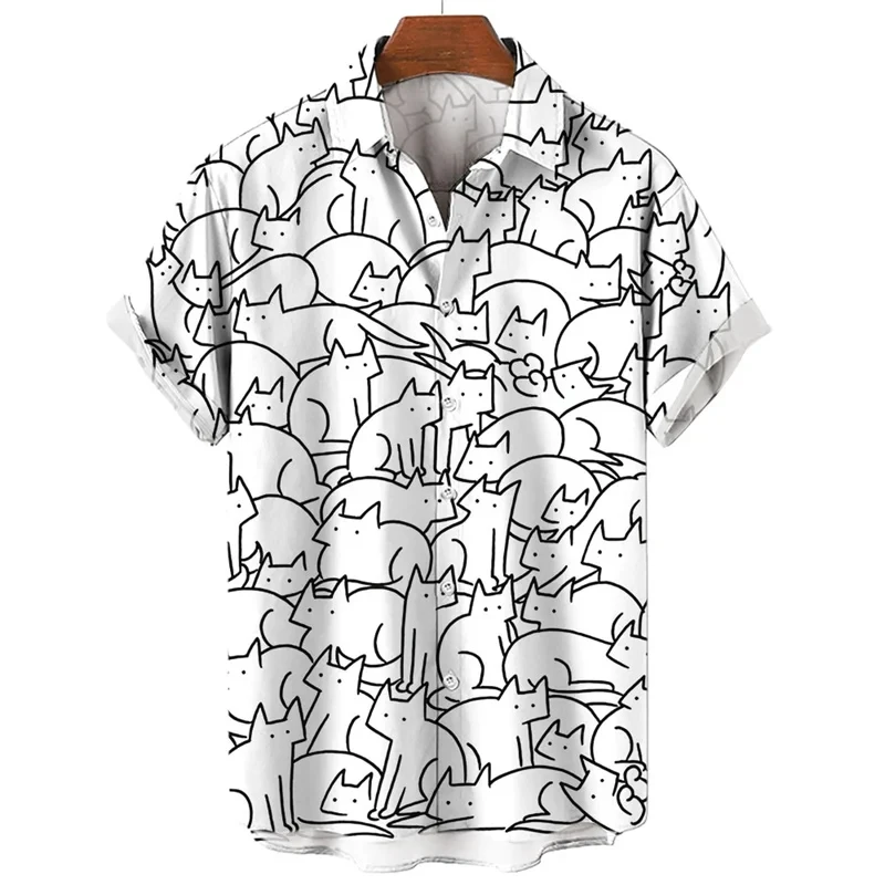 thumbnail image 1 of Camisa con estampado de gato en 3D para hombre, camisa hawaiana holgada de manga corta con botones, ropa de playa para vacaciones, ropa para niños, 1 of 5