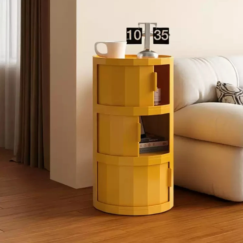 Rotating Storage Cabinet - Modern Minimalist Round Side Table with Open Compartments for Living Room Bedroom Sofa End Table