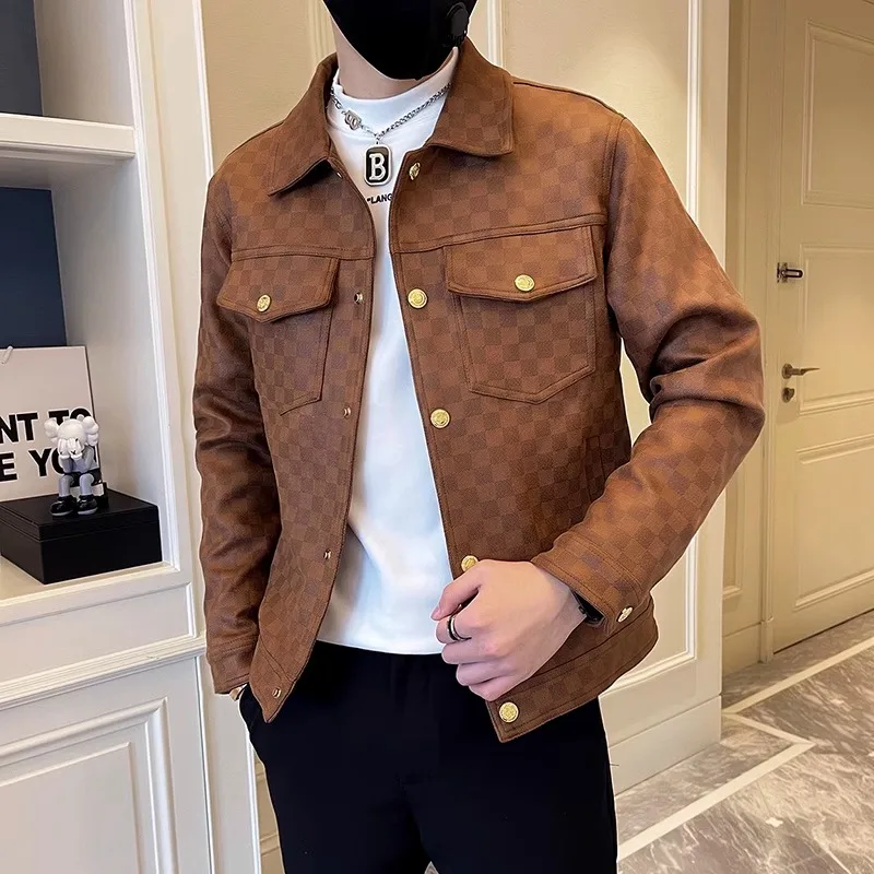 2023 Autumn Winter Suede Plaid Jacket for Men Lapel Slim Fit Casual Business Bomber Jacket Social Streetwear Windbreaker Coat
