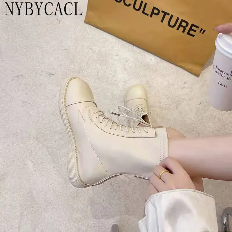 2022 Autumn Winter Women Ankle Boots Shoes Solid Black Beige Lace-up Square Toe Rubber Elegant fashion Low Heels Women Boots New