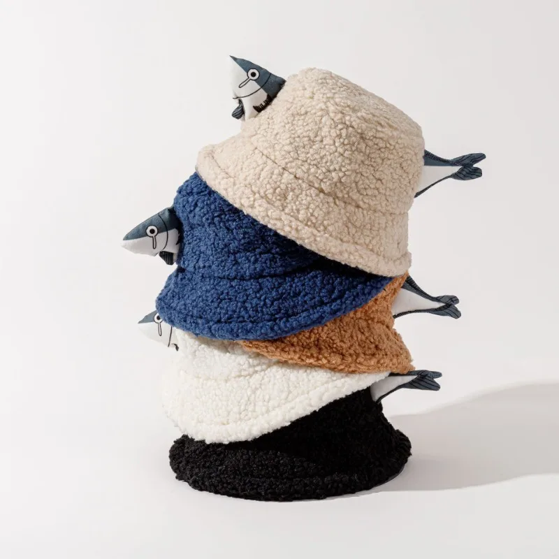 

New Cute Cartoon Salted Fish Lamb Wool Bucket Hats for Men and Women Autumn and Winter Outdoor Warm Fashion Funny Basin Caps