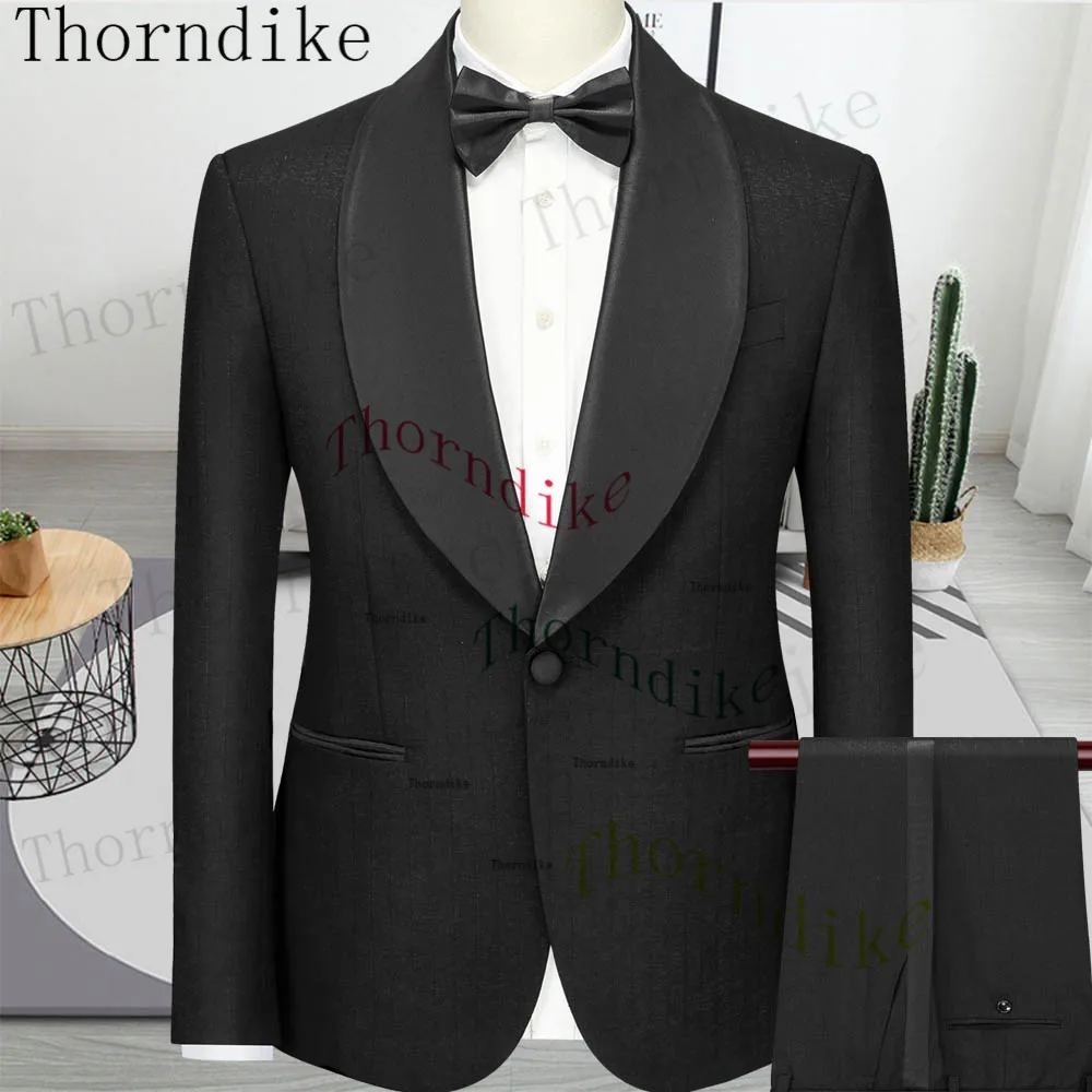 Thorndike Men Fashion Marrige Shawl Collar Striped Black Suits Jacket Trousers Male Business Casual Wedding Blazers Coat Pants