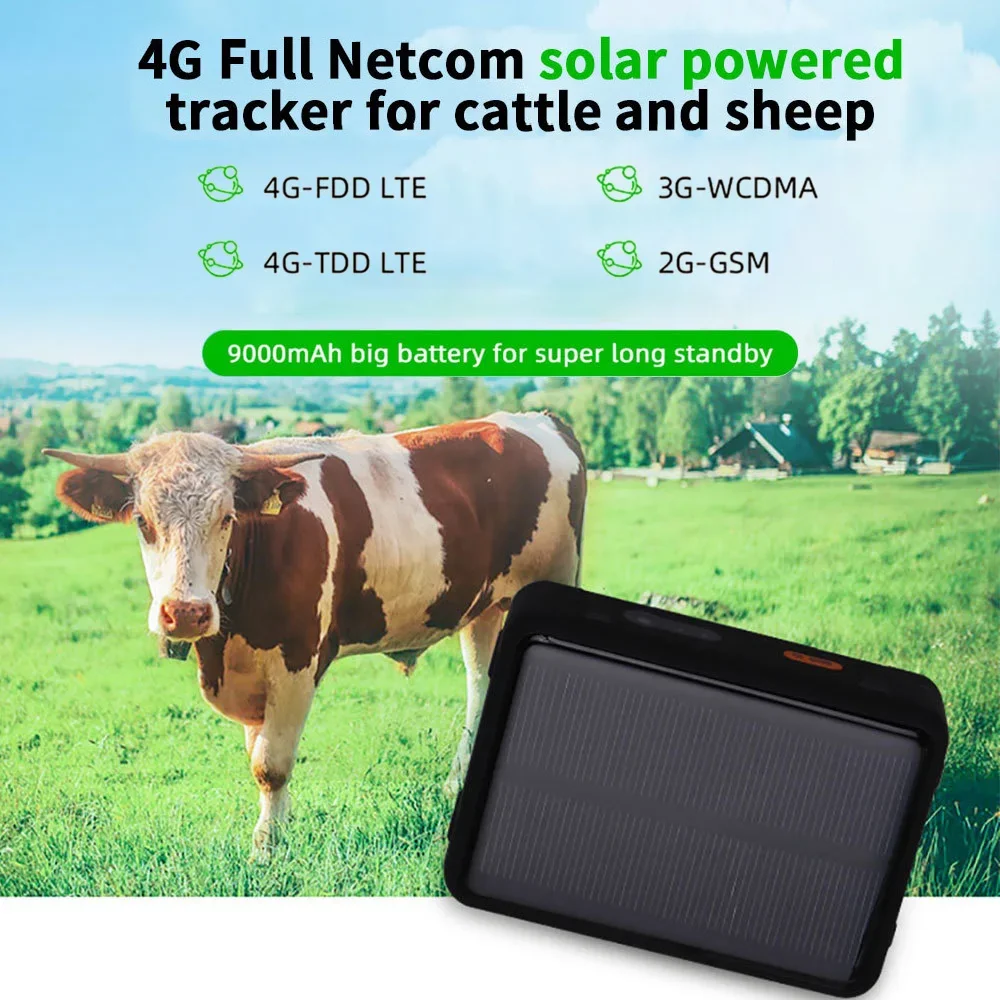 4G LTE Cow GPS Tracker with Solar Power 9000mAh Long Standby Smart Cattle Tracker GPS Locator Find Animals Cow Sheep Horse Camel