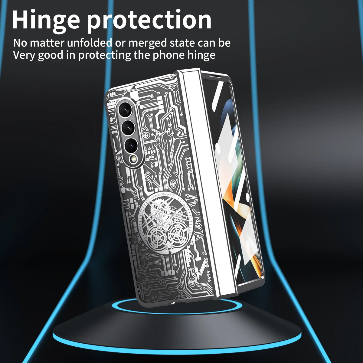 For Samsung Galaxy Z Fold 4 3 Case Electroplated Transparent Mechanical Pattern Folding Hinge With Tempered Film Shockproof Case