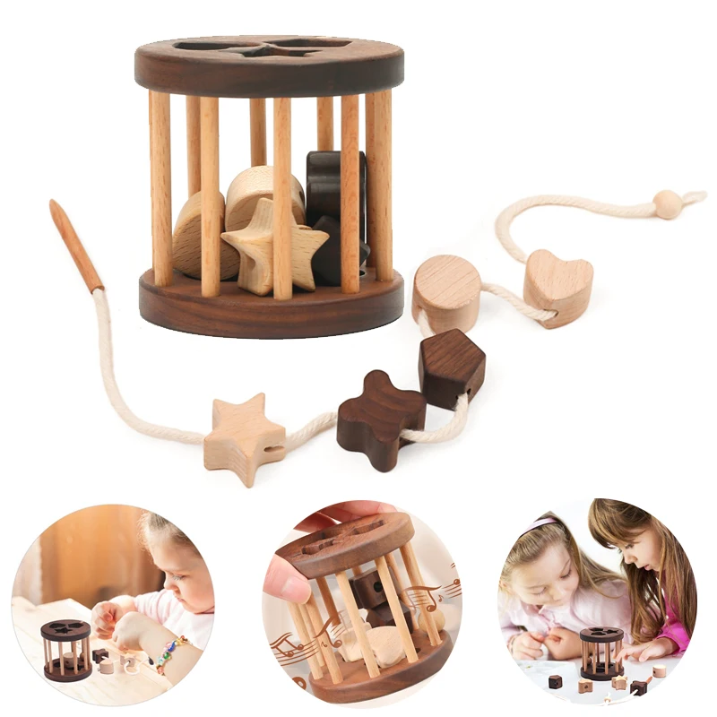 

1 Set Wooden Montessori Toy Threading Geometric Shapes Cognitive Toys Wooden Early Educational Game Toy Gift for Children