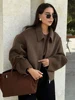 Fashion Brown Zipper Woolen Jacket For Women Elegant Lapel Long Sleeve Short Coats Female Vintage Autumn Lady Street Outerwear 2