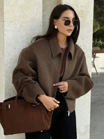 Fashion Brown Zipper Woolen Jacket For Women Elegant Lapel Long Sleeve Short Coats Female Vintage Autumn Lady Street Outerwear 2