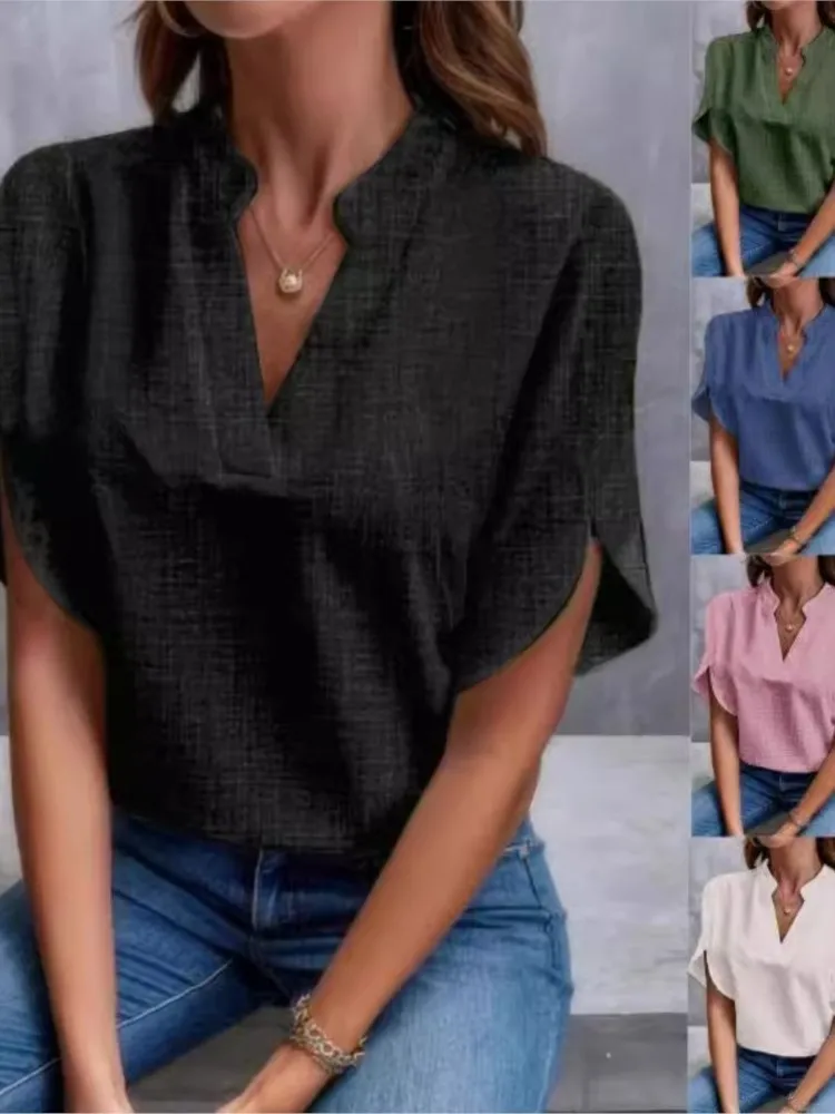 Summer Elegant Women\'s Blouse New V-neck Short Sleeve Solid Color Loose Shirt Casual Tops 2024 Office Lady Blouses