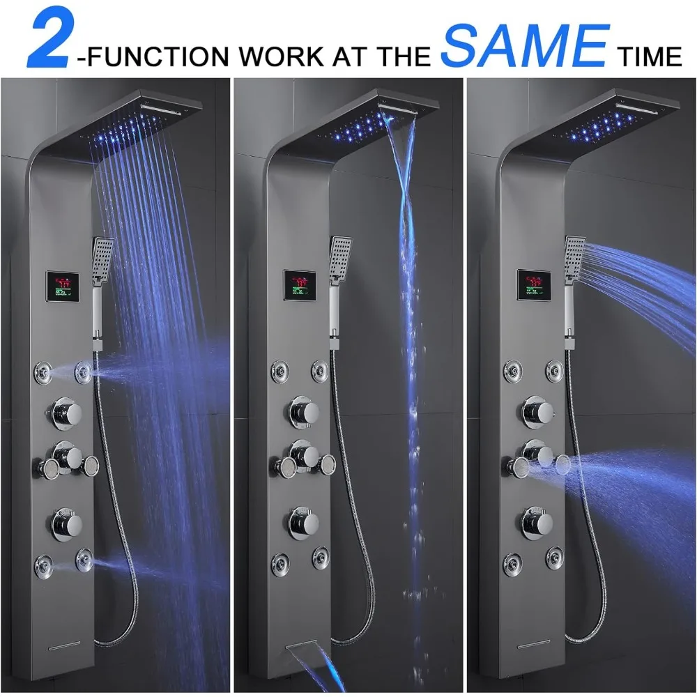 MENATT LED Lights Shower Panels Tower System, SUS304 Stainless Steel Bathroom Shower Tower Column System, Rainfall & Waterfall S