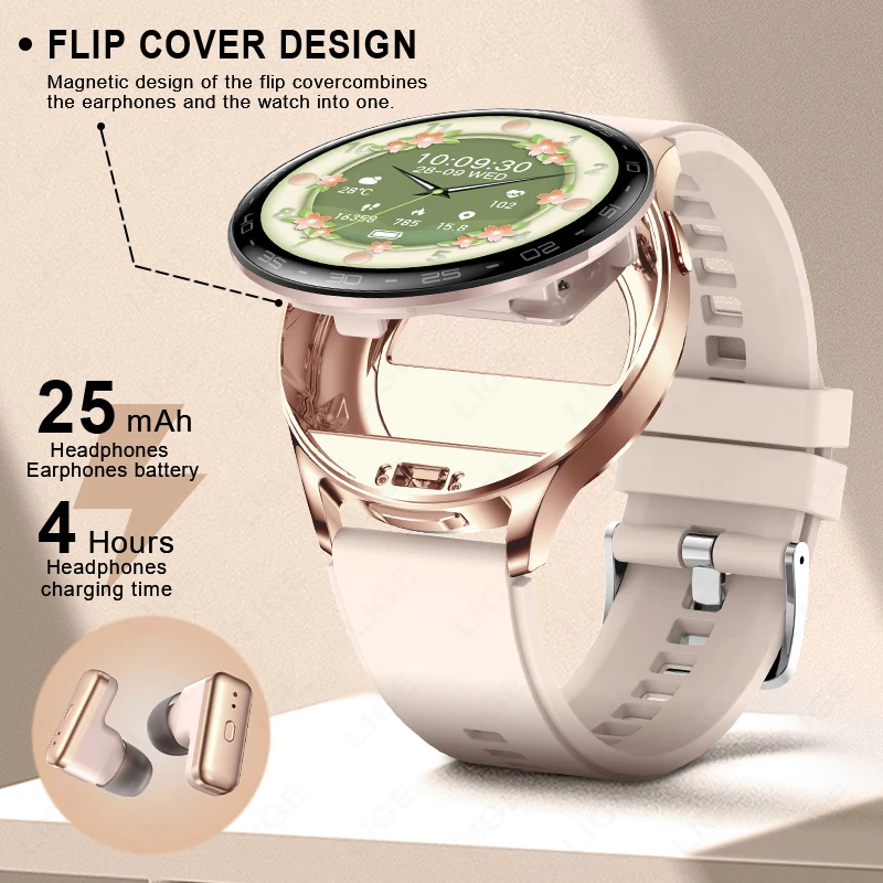 LIGE Earbuds Smart Watch Women BT Call Waterproof Watches Ladies AI Voice Assistant Music Play Sports Smartwatch with Headphones