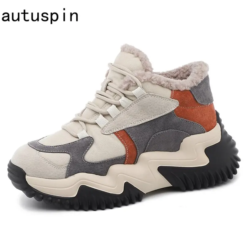 

Autuspin 6cm Chunky Platform Women Sneakers Fashion Retro Winter Warm Long Plush Vulcanized Shoes Female Comfy Sport Trainers