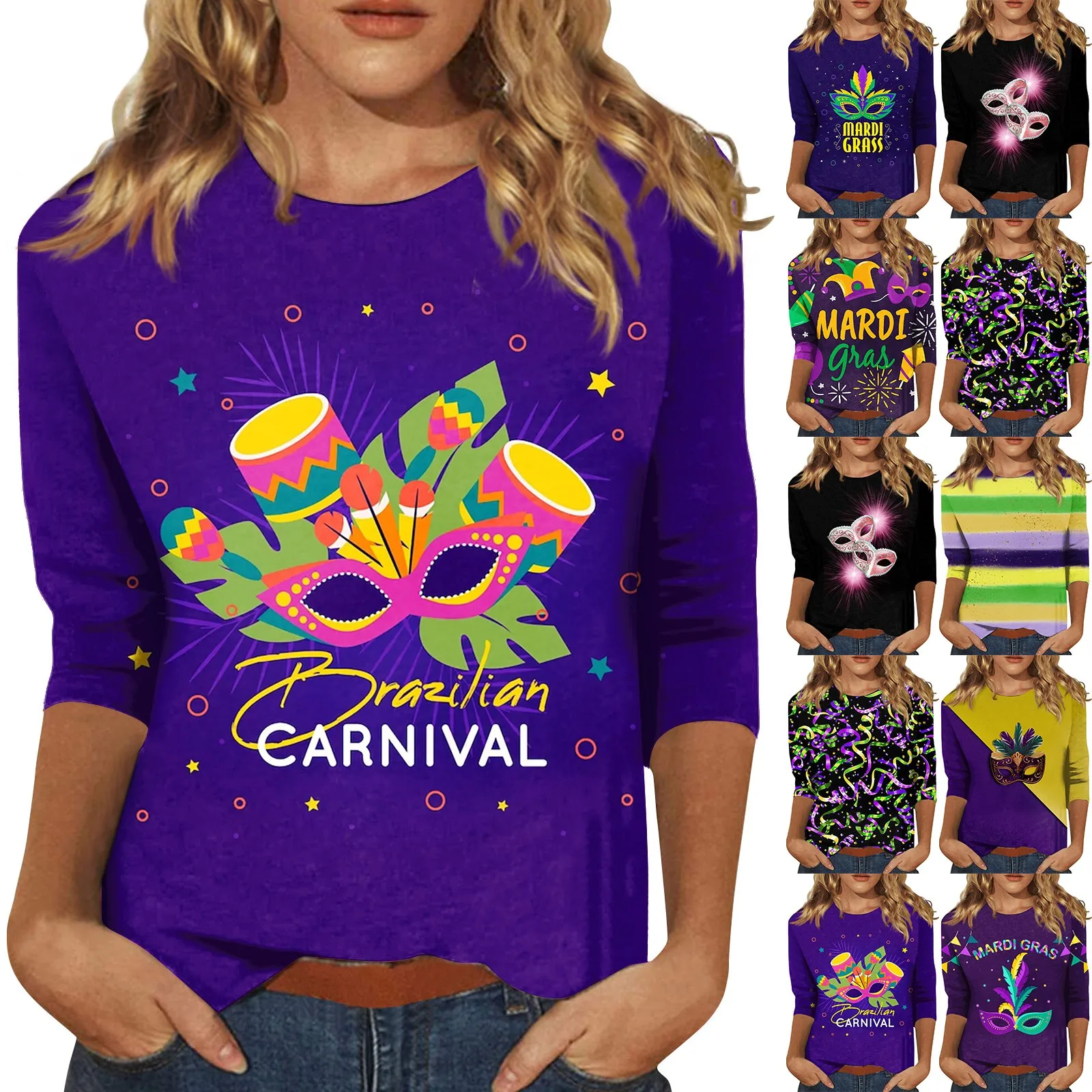 

3/4 Sleeve Plus Size Shirts Womens Mardi Gras Carnival Tshirts Loose Dressy Blouses Trendy Crewneck Basic Tops Uniquely Designed