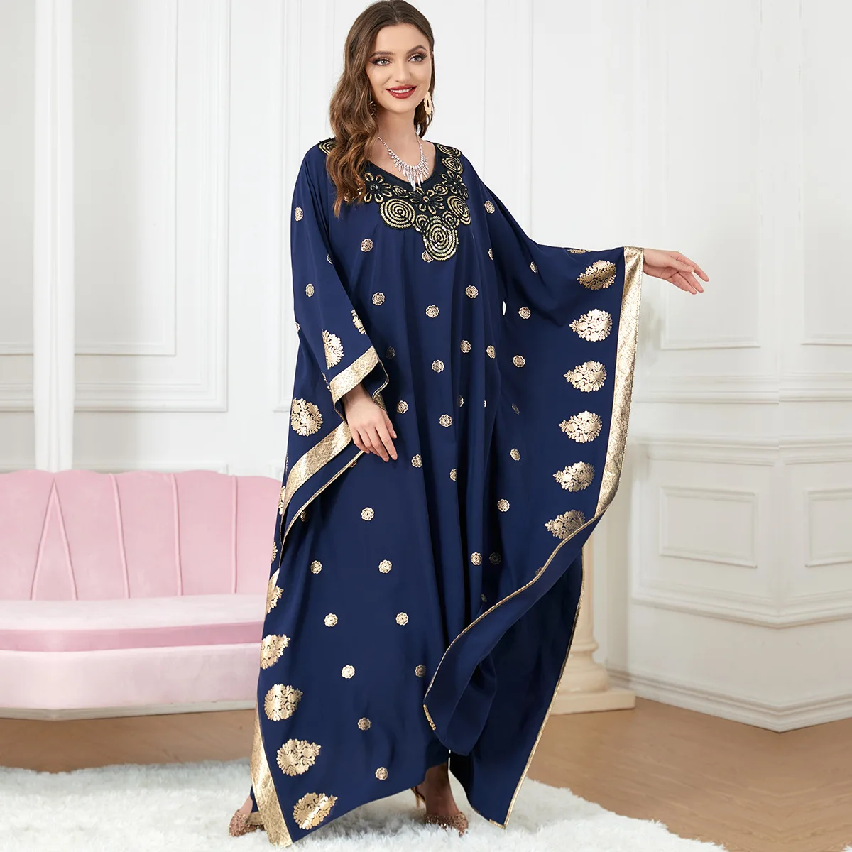 Dubai Abaya Kimono Femme Batwing Sleeve Sequins Embroidery O-Neck Abayat Gilding Print Moroccan Kaftan Ladies Dresses