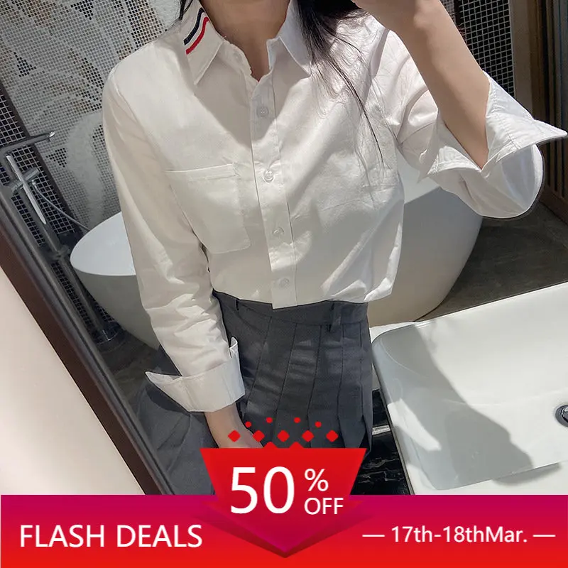 Tide Brand TB Shirt Oxford Spinning Female White Student Female Casual Striped Couple Long Sleeve Cotton Shirt Jacket Female