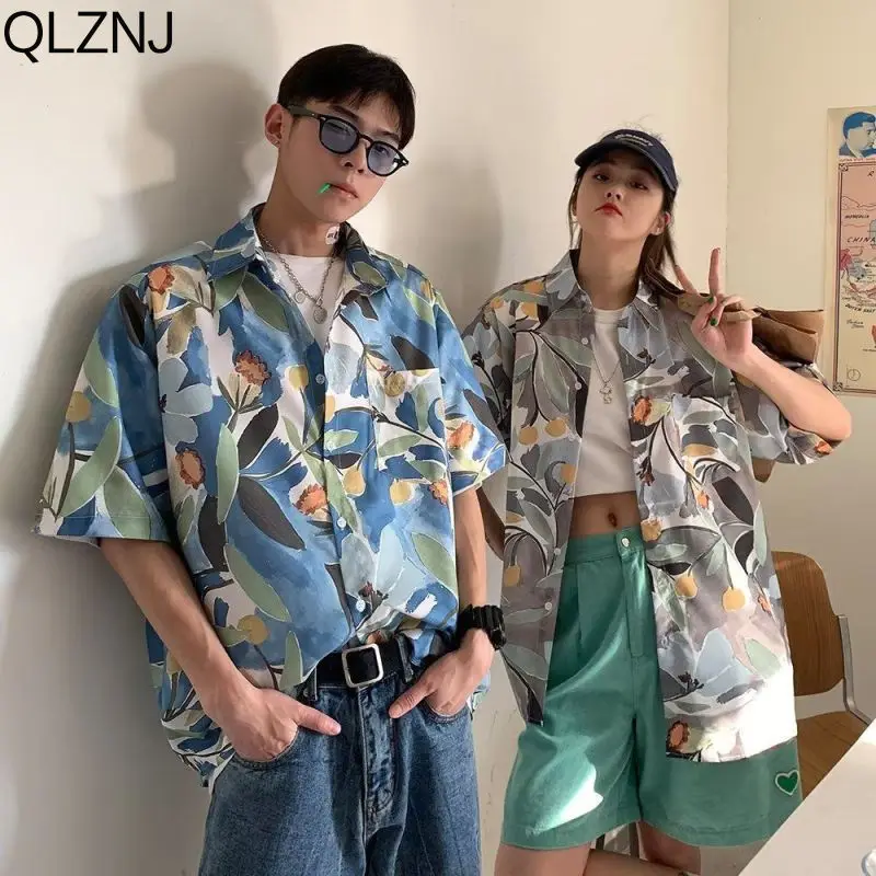 

Oversized Short Sleeve Flower Print Beach Shirts Men 2023 Summer Streetwear Casual Blouses Tops Fashion Hawaiian Shirt for Women