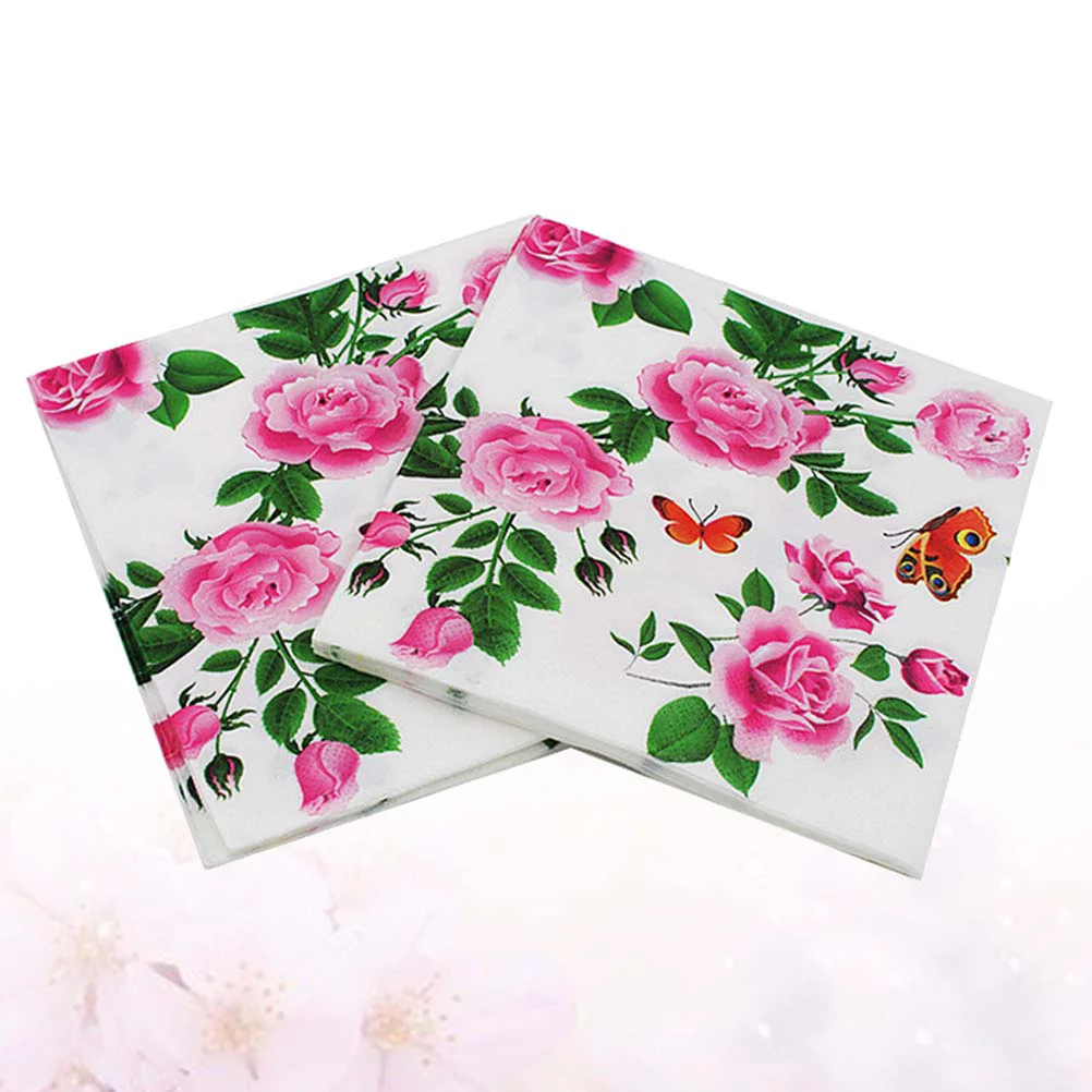 20Pcs Rose Print Napkins Disposable Party Paper Napkins Eco Friendly Wood Pulp Material Printed Serviettes Sanitary Tissue