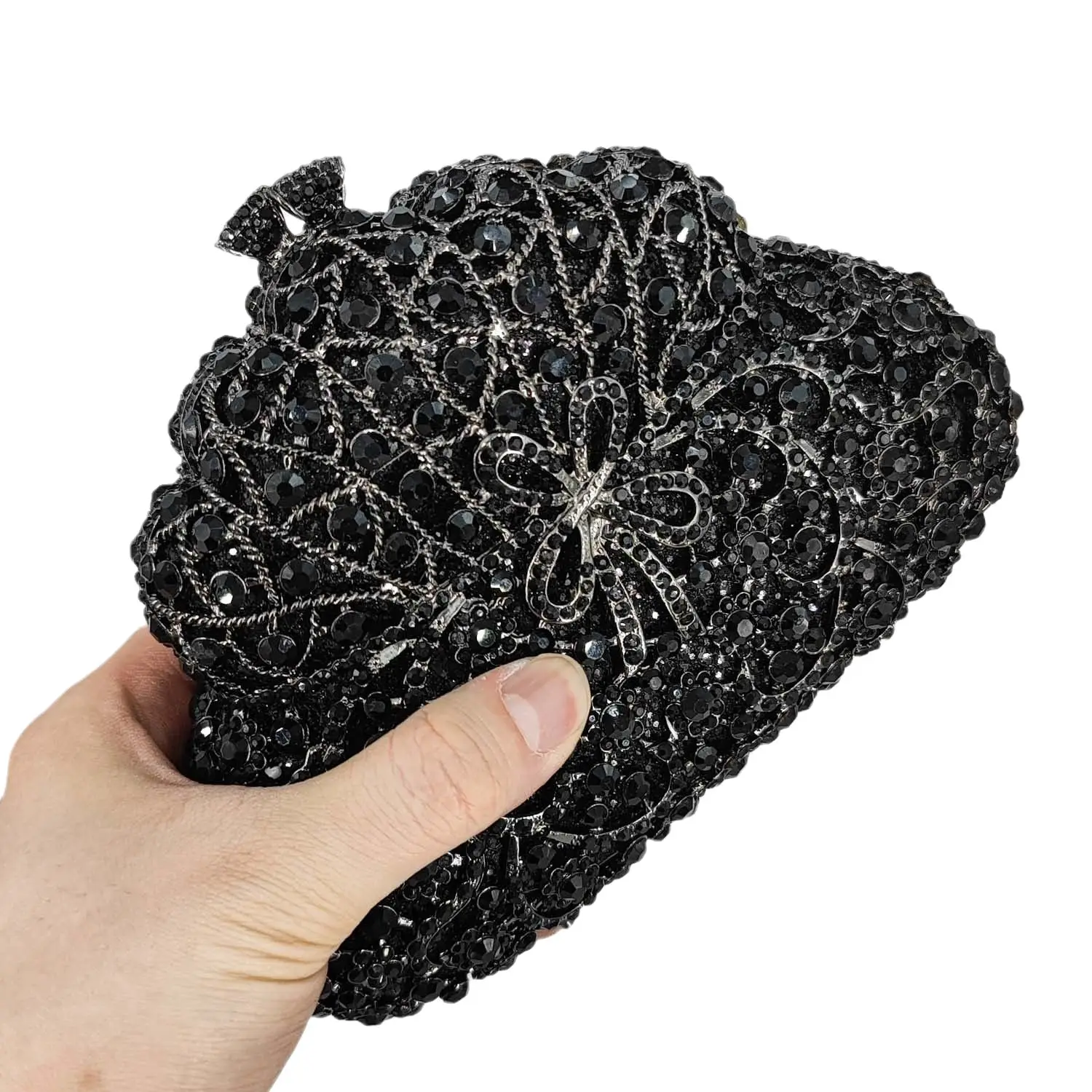 Boutique De FGG Kürbis Form Frauen Schwarz Abend Taschen und Kupplungen mit Bogen Partei Strass Schminktäschchen Handtaschen Kristall Kupplung – Detail 3