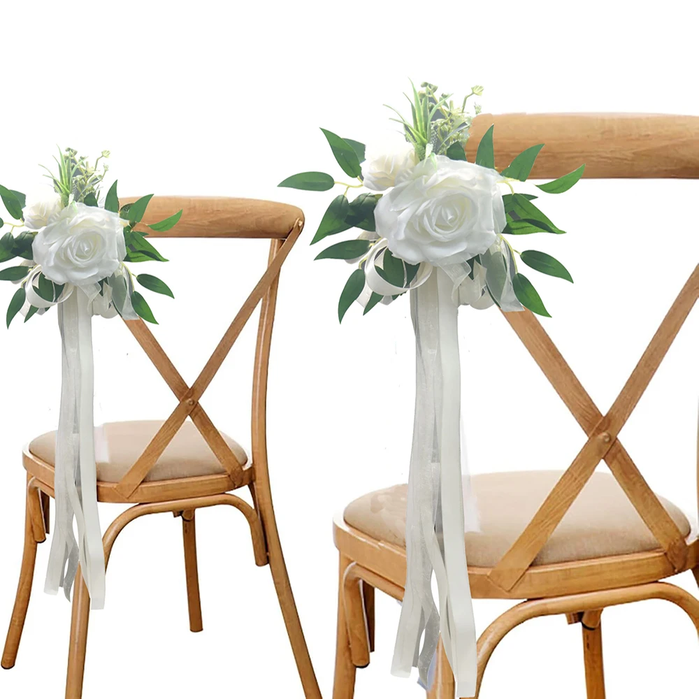 Yannew 2 stücke Hochzeit Gang Dekoration Bank Blumen mit künstlichen Rose Eukalyptus Band für Hochzeits zeremonie Kirche Stuhl Dekor