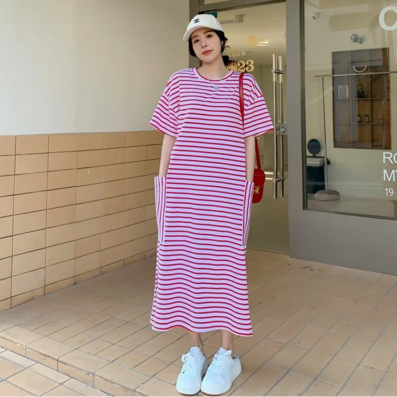 

Vintage Striped Pockets Patchwork Dresses Summer New Short Sleeve O-Neck Loose Split Hem Midi Dress Casual Fashion Women Clothes