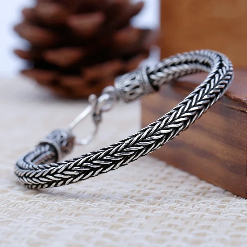 

UMQ S925 Sterling Silver Vintage Handwoven Hemp Rope Chain Dragon Bone Bracelet Men's Personality Trend Thai Silver Jewelry