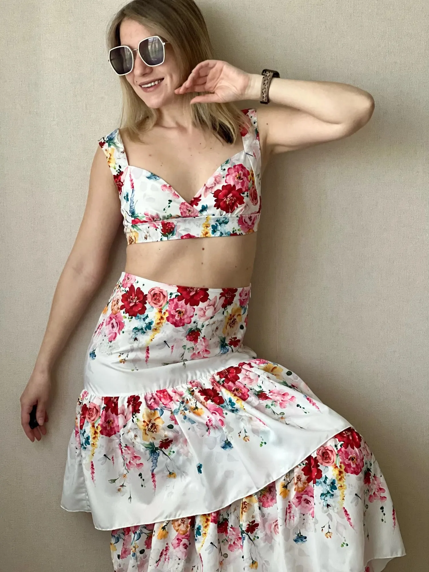 

2024 Hot Sale Multy Ruffle Elegent Long Dresses For Women Printed Strap 2Pcs Set Skirt Set Ladies Holiday Dress Female Clothing