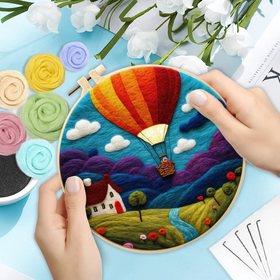 PhotoCustom DIY Wool Felting Painting Kit With Frame Handmade Needle Wool Painting Hot Air Balloon For Home Decors Crafts Gift needle felting painting kit needle felting kit wool felting kit