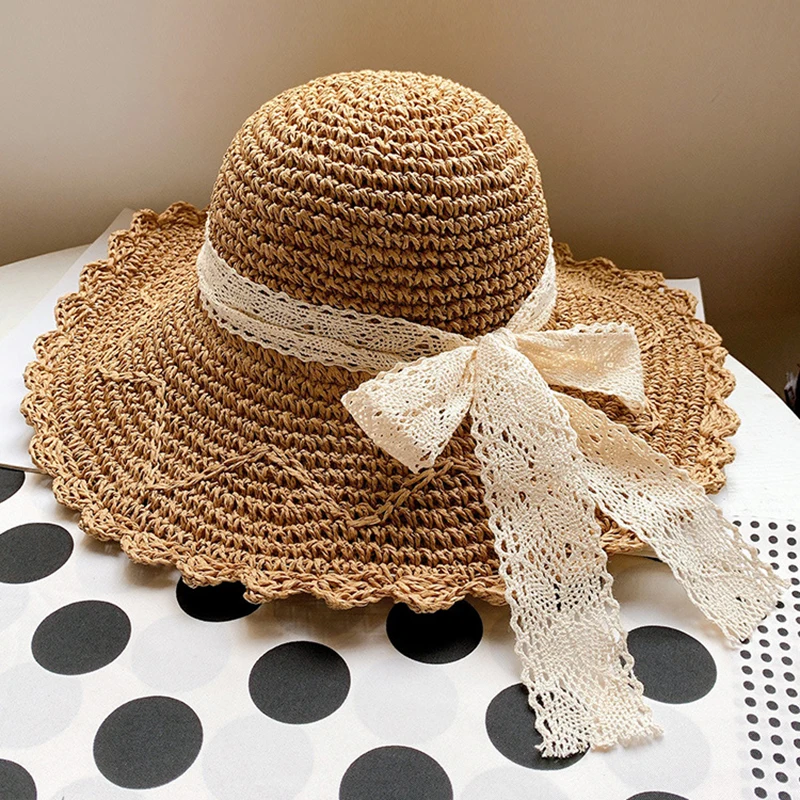 Women'S Summer Hat Foldable Hollow Lace Trim Straw Hat Girls