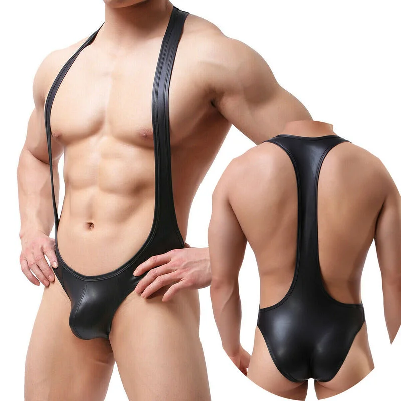 Mens Bodysuit Sexy One-piece Jumpsuits PU Leather Catsuit Gay Jockstrap Leotard Boxer Briefs Thongs Underwear Wrestling Singlet men underwear