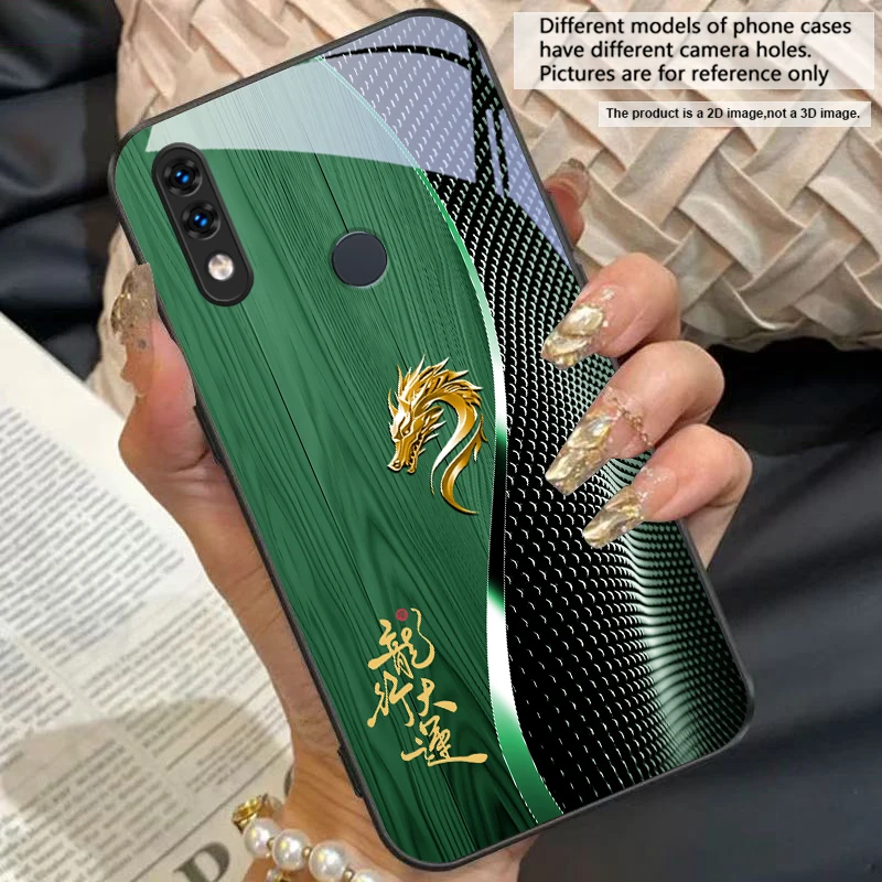 Elegant Black Tempered Glass Phone Case with Traditional Dragon Totem Design