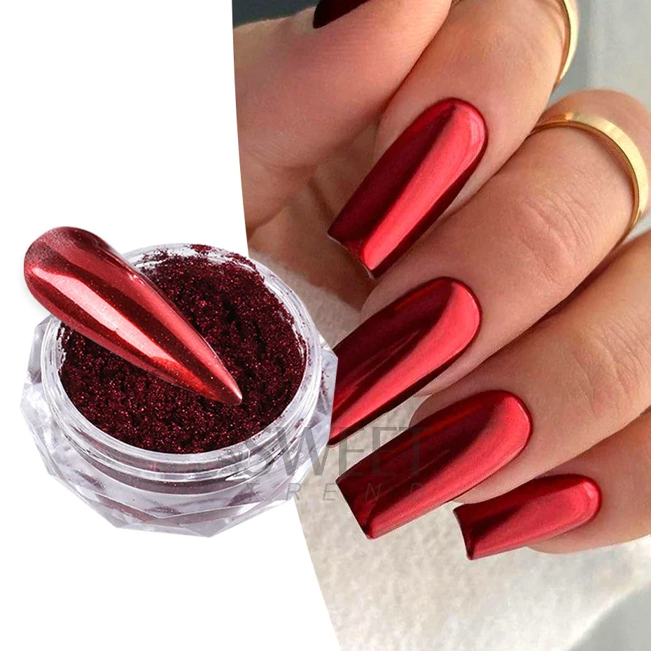 Mirror Red Chrome Nails Glitter Powder Metallic Effect Pigment New Year Style Rubbing Dust Valentine's Y2K Manicure Decor Flash