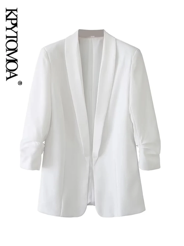 

KPYTOMOA Женская модная офисная одежда белый открытый Блейзер Пальто Винтажная с длинным рукавом плиссированная женская верхняя одежда шикарные женские Пиджаки