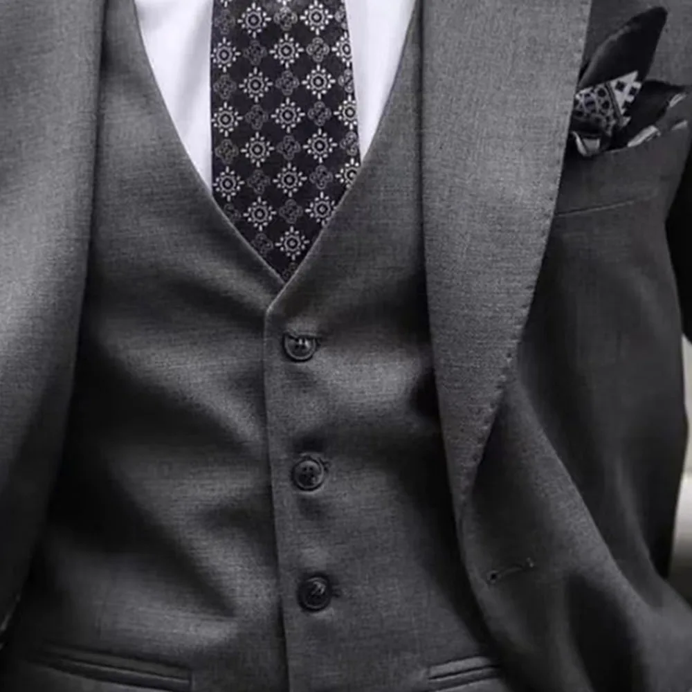 Wedding Men Dark Grey Peak Lapel Suits Business Casual Formal Costume Slim Fit 3 Pcs Set Jacket Vest Pants