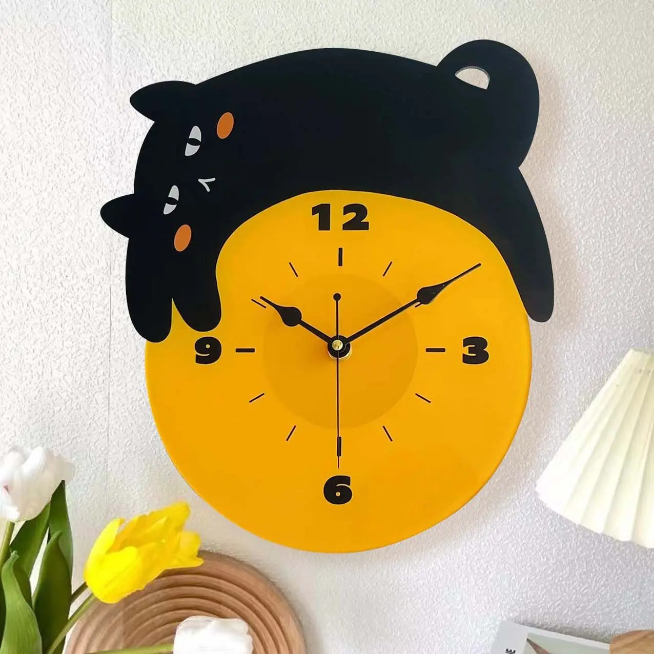 

Креативные Мультяшные простые украшения, настенные часы для гостиной, спальни, бесшумные часы с милым черным котом, настенные часы
