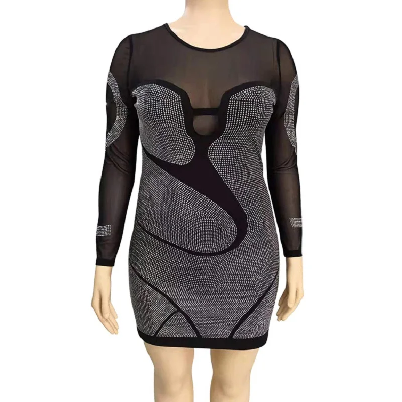Plus Size Women 5xl Dresses Rhinestone Mesh Party Club Dresses 2022 Autumn Elegant Skirt Lady Wholesale Clothes Fashion Outfits