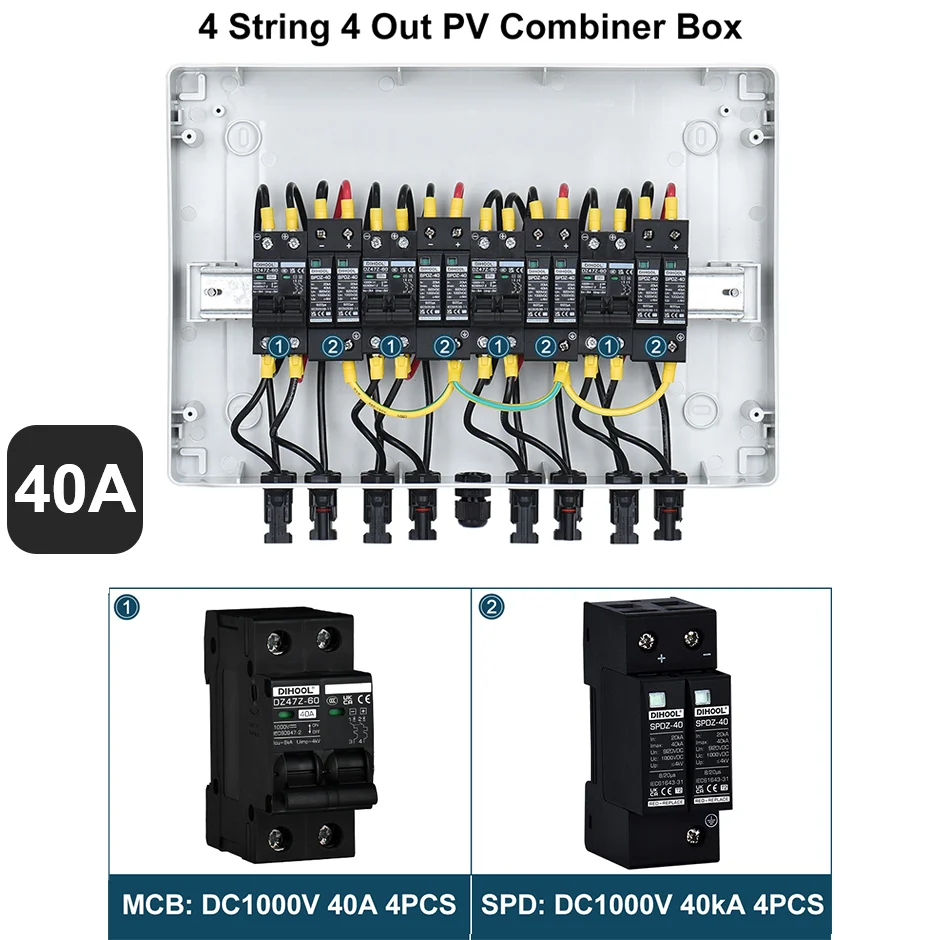 Solar Photovoltaic Combiner Box DC1000V 4 String in 4 out 15A 25A 40A Lightning Protection Overload Short Circuit