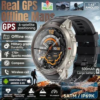 Nuovo Smartwatch AMOLED 2026 con GPS a 6 Satelliti, Batteria da 500mAh, per Uomo, Sport all'Aperto, Mappa Offline, Altimetro e Bussola