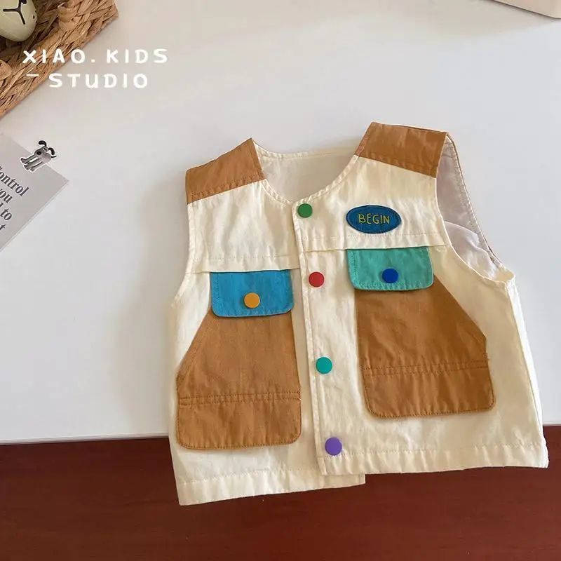 Spring Autumn Children Patchwork Vest 1-8Y Boys Cotton Pockets Casual Waistcoats Kids Girls Tank Tops Korean Toddler Outerwear