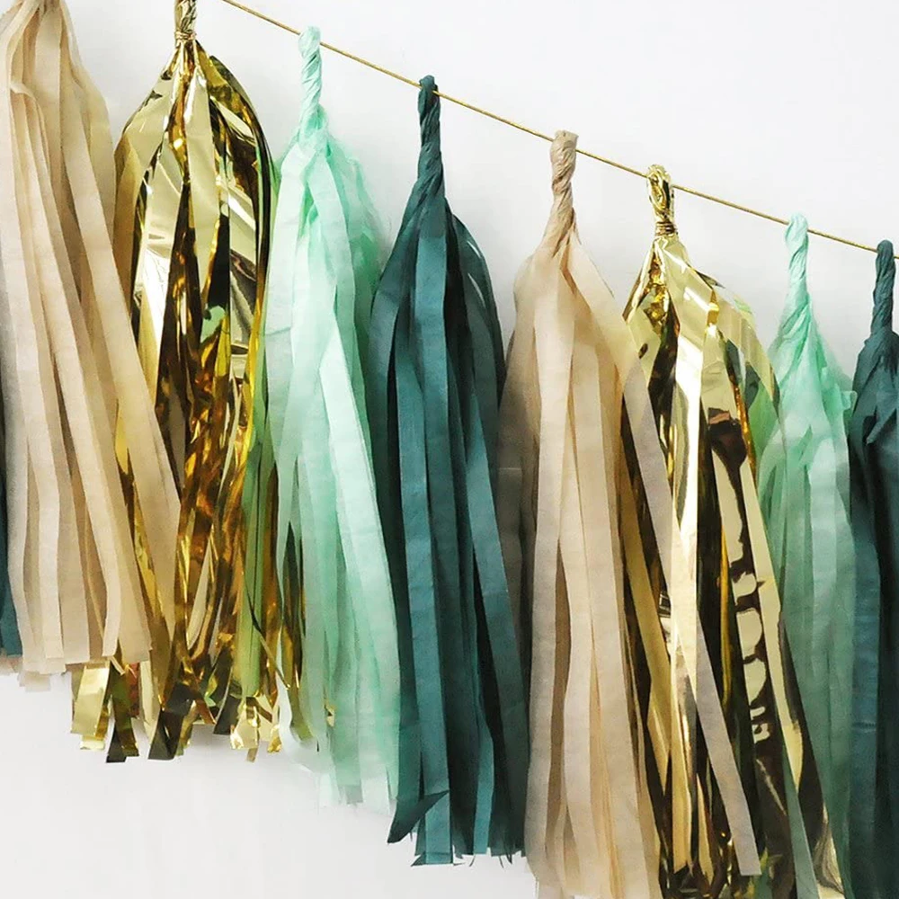 Mint Green Gold Brown Paper Tassel Garlands Wild One First Spring Forest Birthday Party Baby Shower Wedding Hanging Decorations
