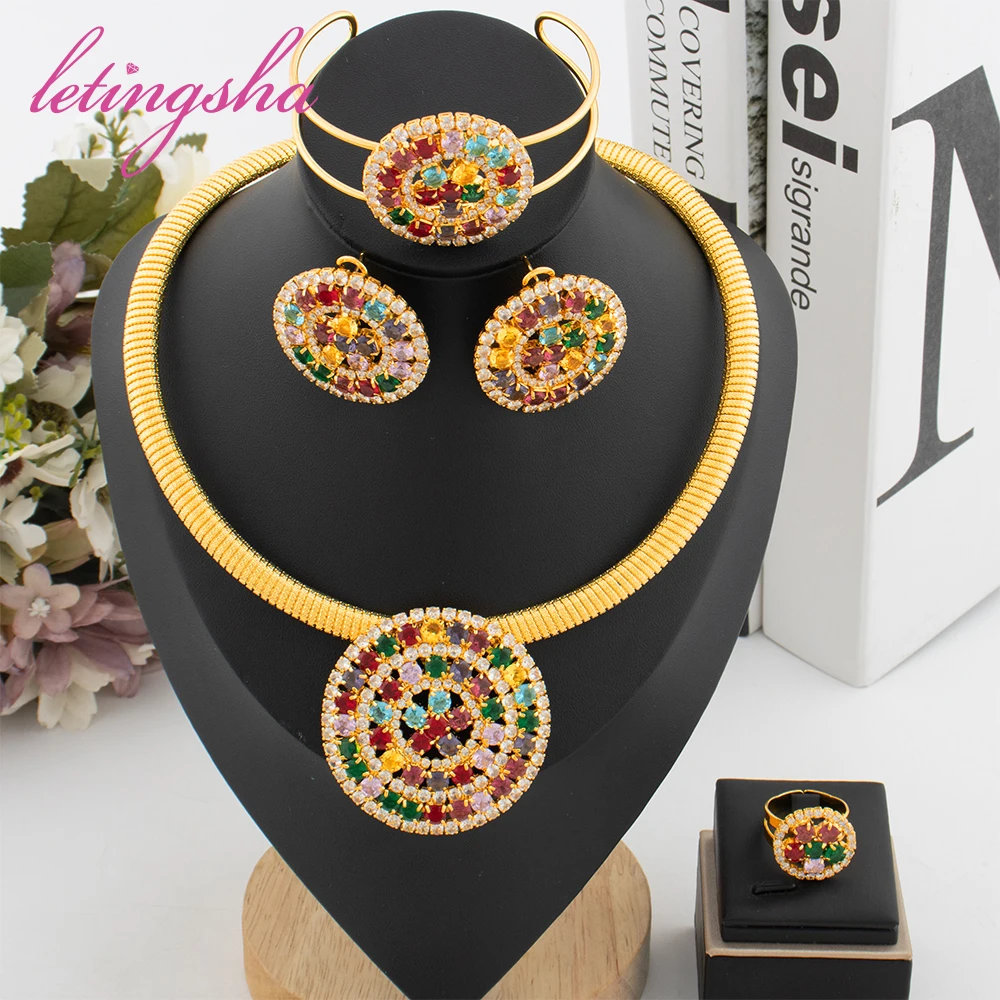 

Dubai Jewelry Set for Women Fashion Colored Zircon Pendant Earrings Cuff Bangle Ring Luxury Gold Color Necklace Set Party Gift