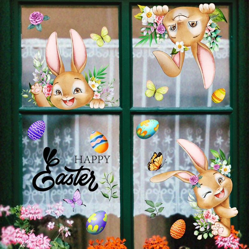 1Set Happy Easter Window Stickers Cartoon Rabbit Easter Eggs Flowers Butterfly Glass Sticker Spring Easter Home Decoration 2024