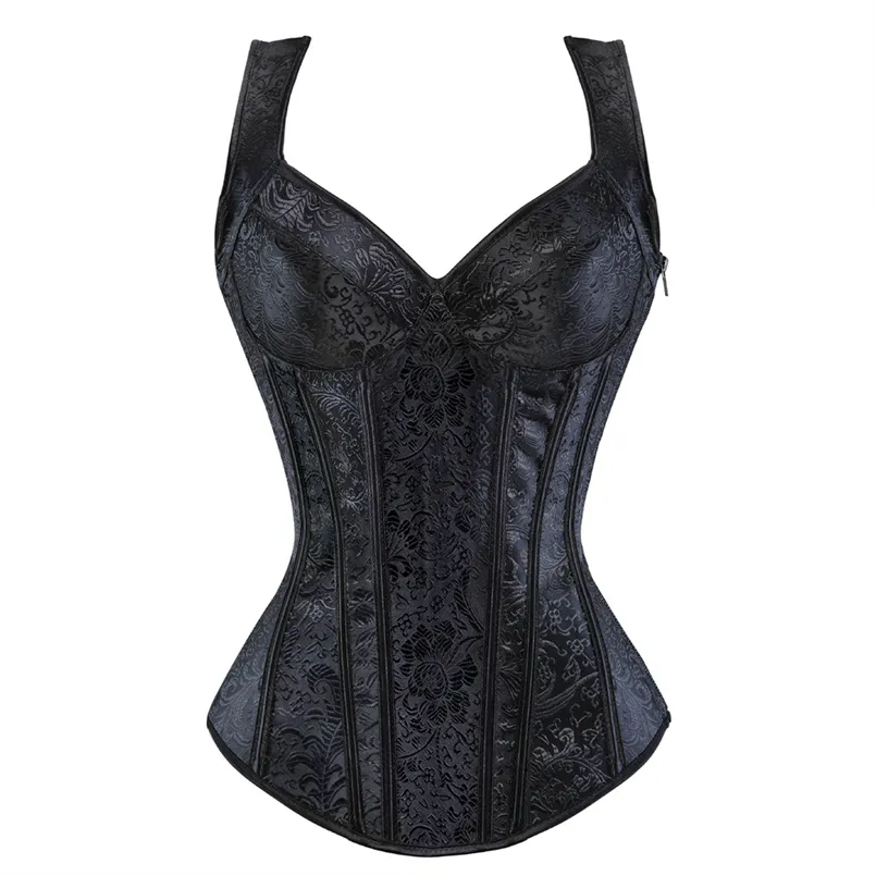 Women Corset with Straps Black Overbust Corset Plus Size Floral Jacquard Corset Zipper Top Gothic Steampunk Corset Bustier s 5xl flat chest binder corset tomboy lesbian underwear women summer short vest plus size tank top binder bra shaper bustier