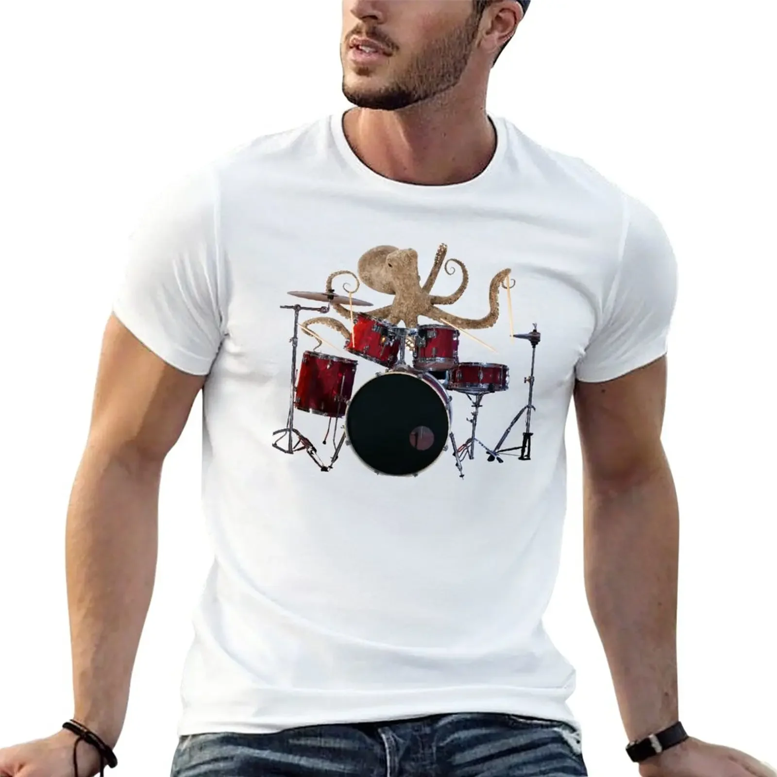 

Octopus Playing Red Drums Men's T-Shirt funnys summer clothes Men's clothing