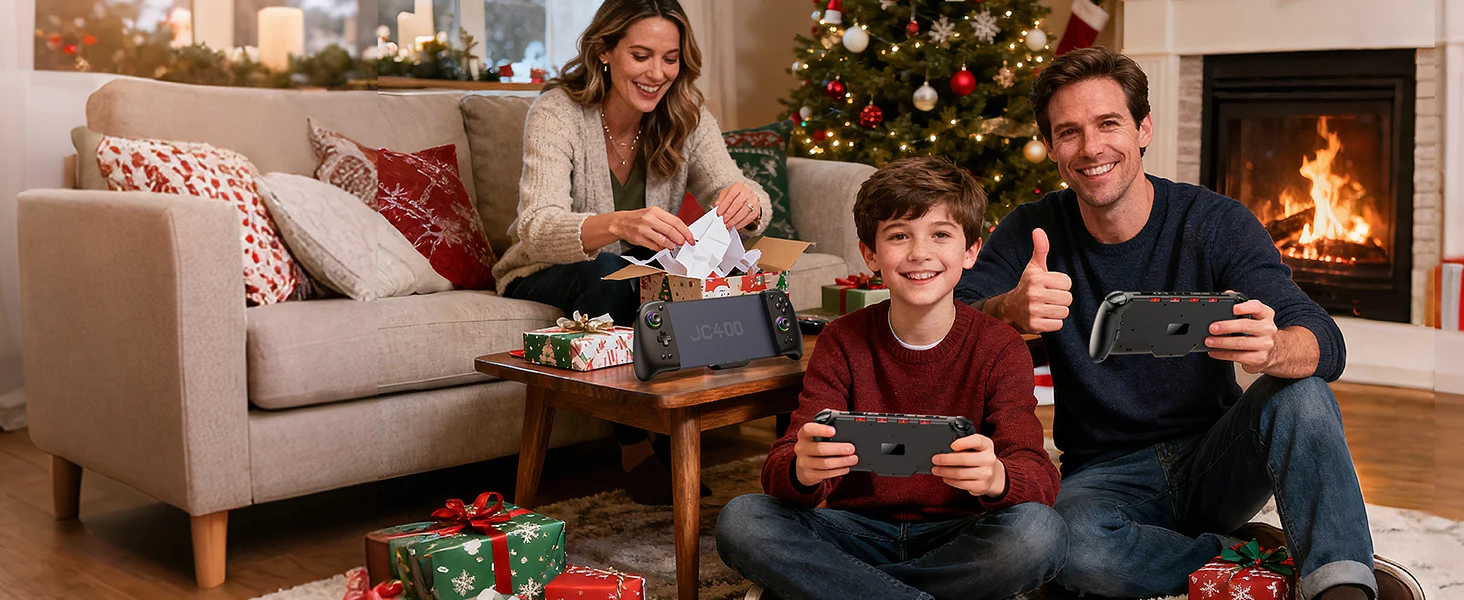 Indoor scene of people engaged in gaming activities on a couch, with holiday decorations visible in the background.