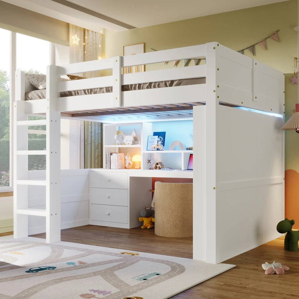 90 x 200 cm/140 x 200 cm hohes Etagenbett, mit LED-Leuchten und Kleiderschrank, Bett mit Schreibtisch und Schubladen, Aufbewahrungsfach, keine Matratze – Detail 27
