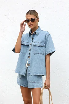2025 Vintage High Street Denim Suits Women Short Sleeve Button Loose Comfortable Shirt Female Two Piece Sets High Waist Shorts 1