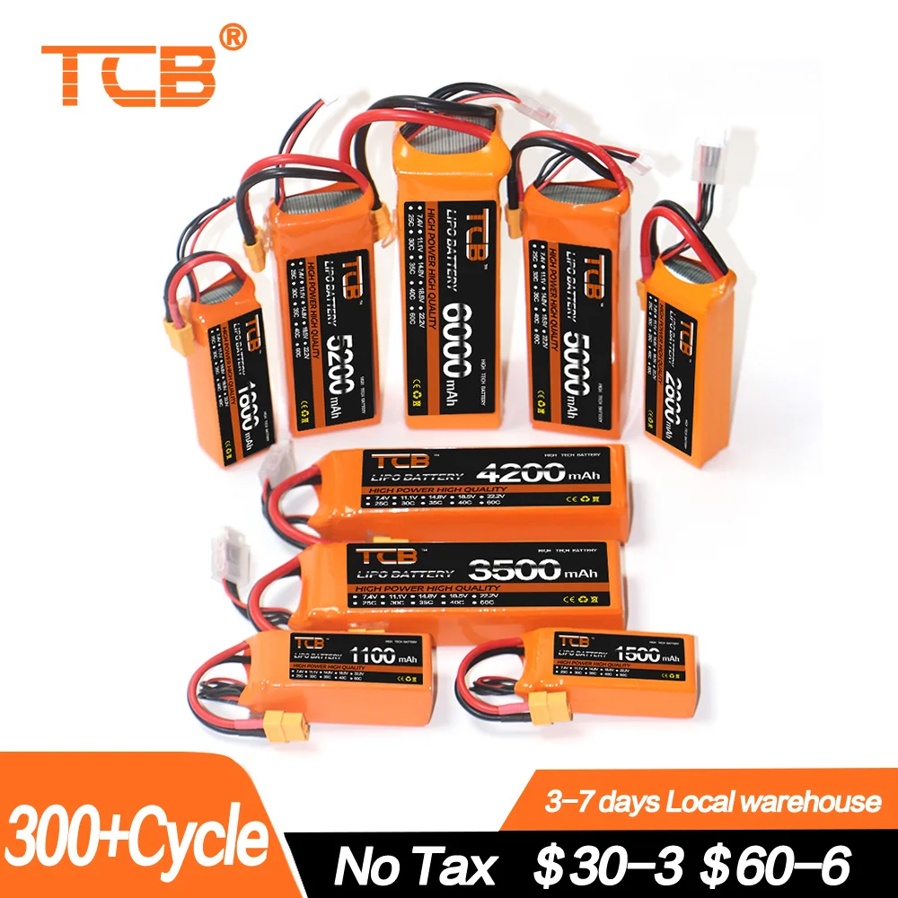 

TCB RC Lipo Battery 7.4V 11.1V 14.8V 22.2V 2S 3S 4S 6S 1300 1500 1800 2200 2600 3000 4200 5200 6000kh Battery XT60-T Deans Plug