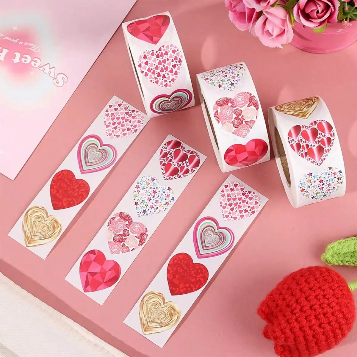 500 Pcs/Roll Large Heart-Shaped Glitter Stickers Self-Adhesive Decals Sealing Baking Label DIY Crafts Party Favors Gift Wrapping