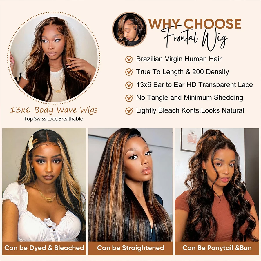 1B/30 Highlight 13x6 Lace Front Human Hair Wigs Ombre Black Brown Colored Preplucked Body Wave Lace Frontal Wig For Women 30Inch 6