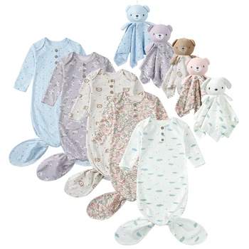 0-6M Spring Newborn Baby Boy Girl Romper Infant Knotted Sleep Gown with Bear Dolls Hand Anti-Kicking Printed Cotton Casual Bag